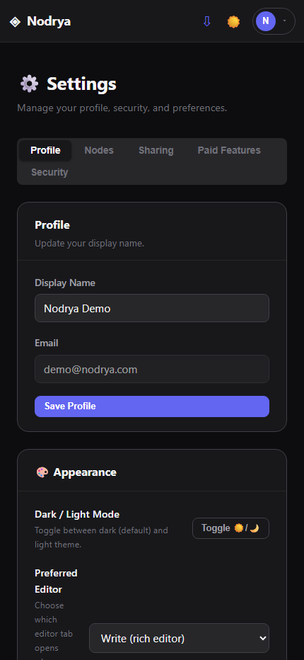 Nodrya account settings on mobile
