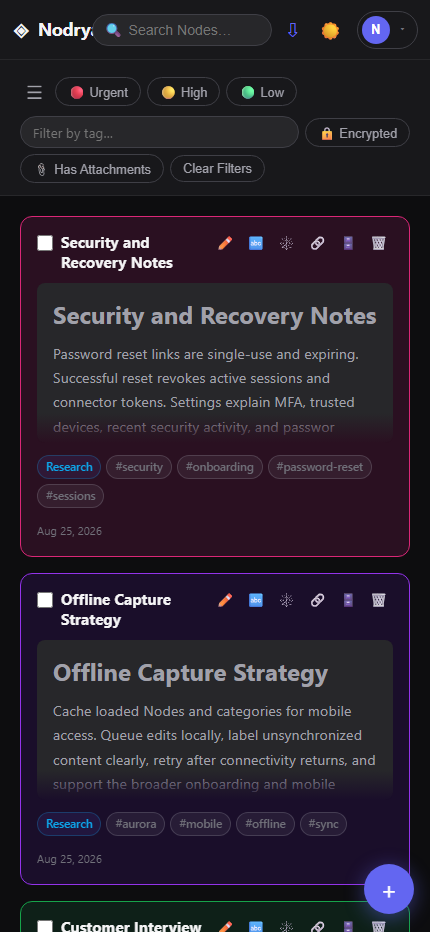 Mobile Nodrya dashboard showing Node cards, filters, tags, and priorities