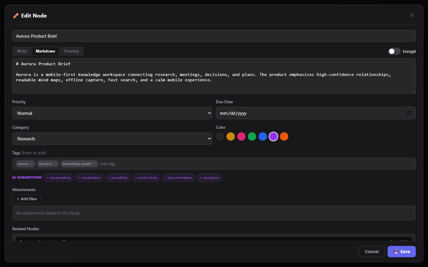 Markdown editor for a Node on desktop