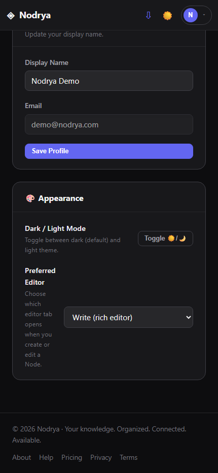 Preferred Editor selector in Nodrya Appearance settings
