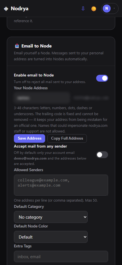 Email to Node preferences in Nodrya Settings with the demo address redacted